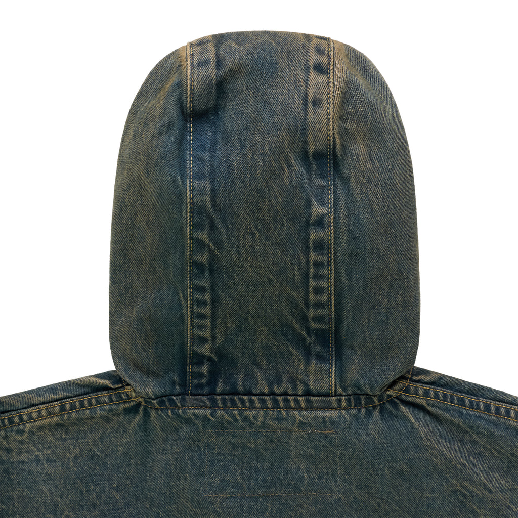 Back view of a faded denim hooded jacket with web print and rhinestone sleeves.