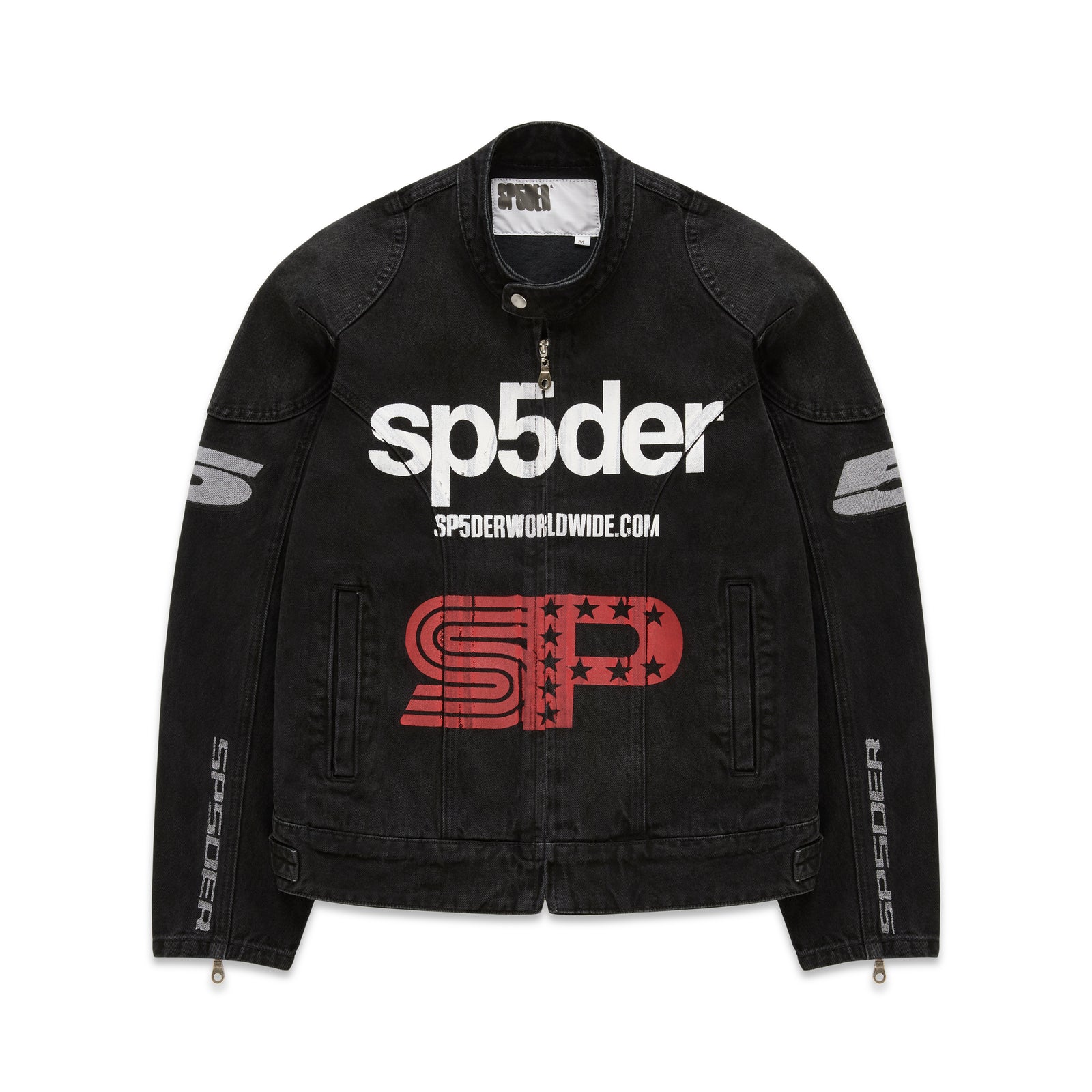 Faded black denim jacket with white "sp5der" chest print, red star "SP" graphic, and shoulder panels.