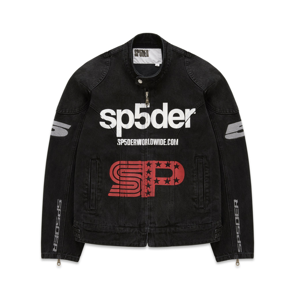Faded black denim jacket with white "sp5der" chest print, red star "SP" graphic, and shoulder panels.
