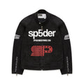 Faded black denim jacket with white "sp5der" chest print, red star "SP" graphic, and shoulder panels.