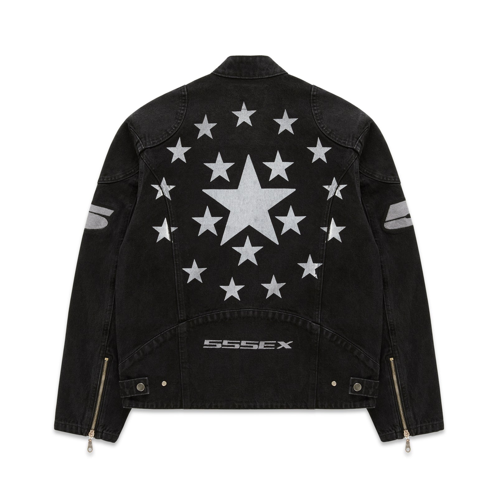 Faded black denim jacket with large central star and surrounding stars on back, SP5DER arm patches, and zip cuffs.