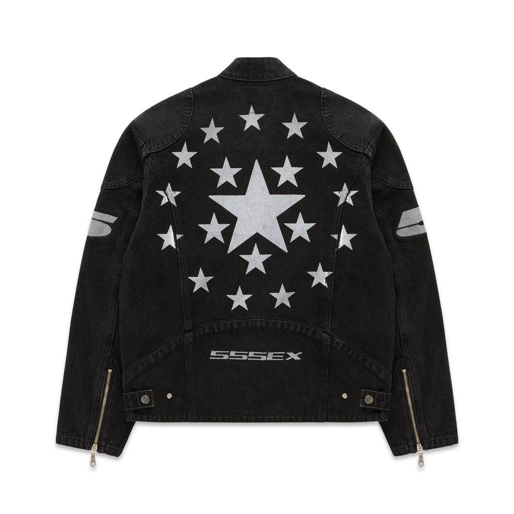 Faded black denim jacket with large central star and surrounding stars on back, SP5DER arm patches, and zip cuffs.