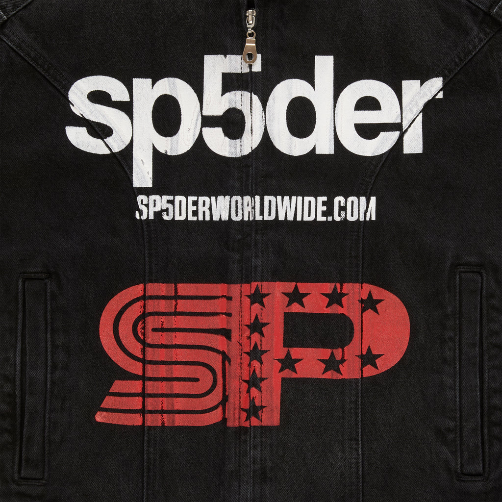 Black faded wash denim jacket with white "sp5der" chest print and red "SP" logo with stars.