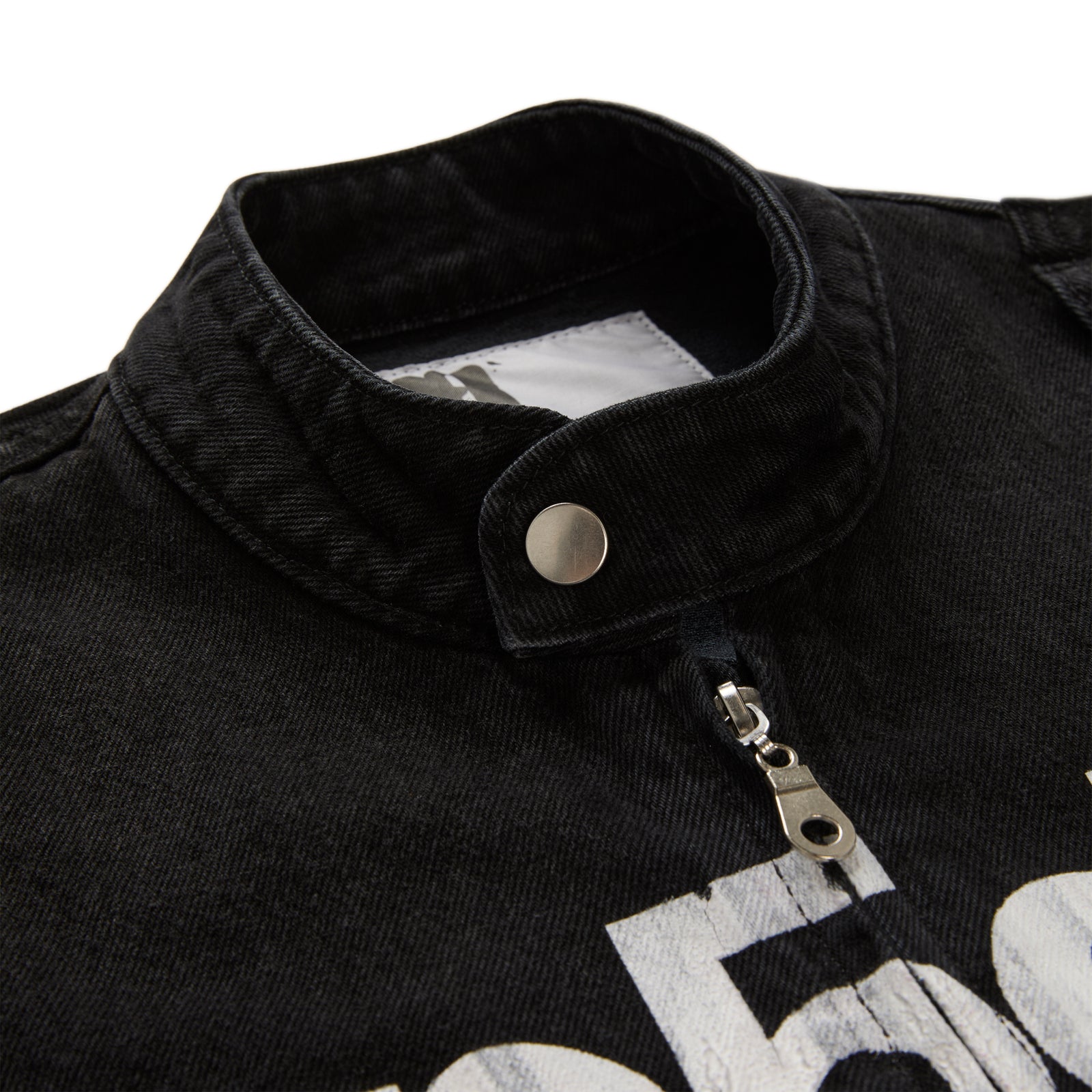 Black faded wash denim jacket with band collar, press-stud, and zip closure.