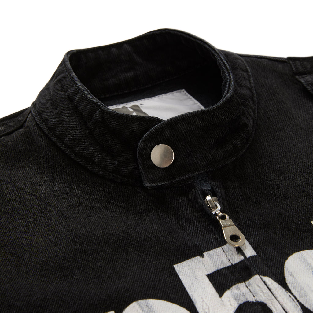Black faded wash denim jacket with band collar, press-stud, and zip closure.