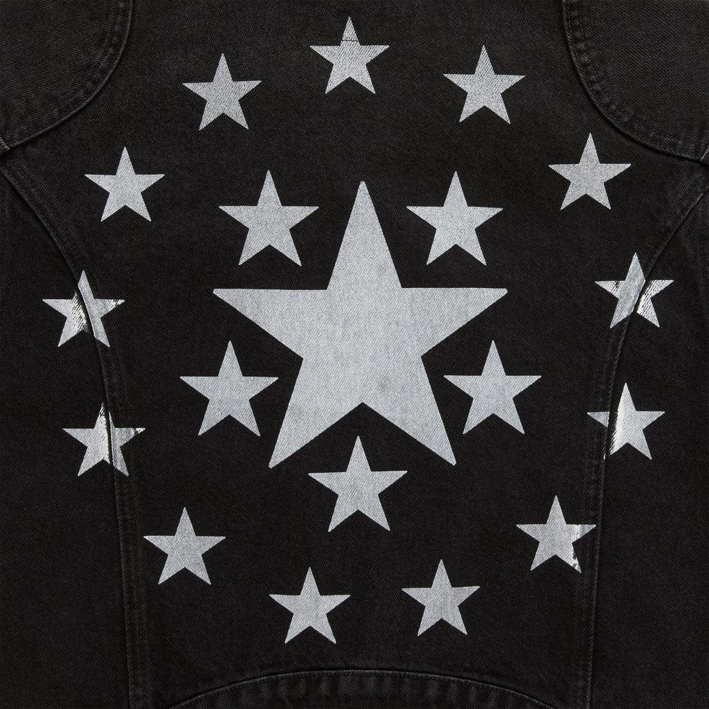 Black faded wash denim jacket back with large central star and smaller stars surrounding it.