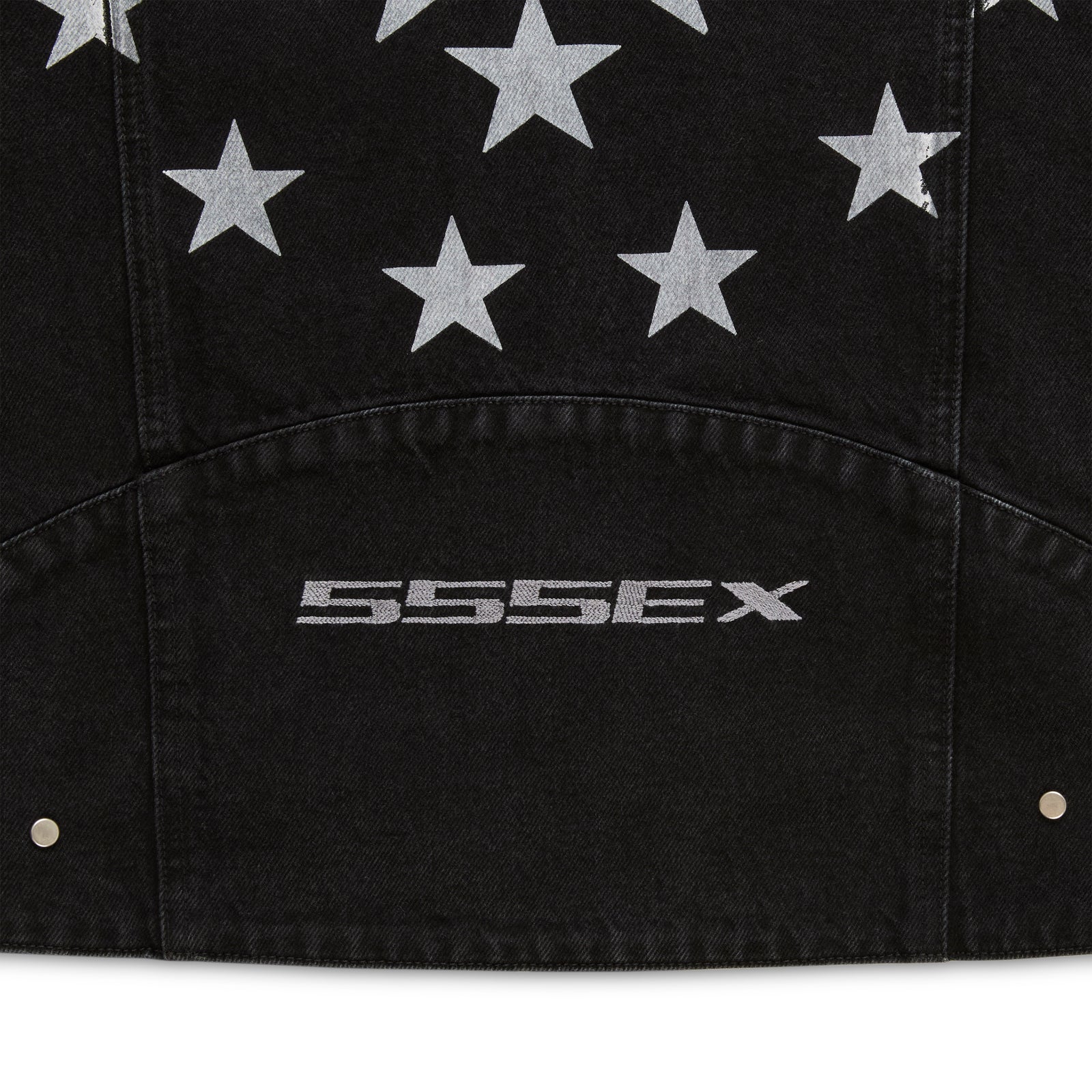 Black faded wash denim jacket with silver stars and "555SEX" embroidery.