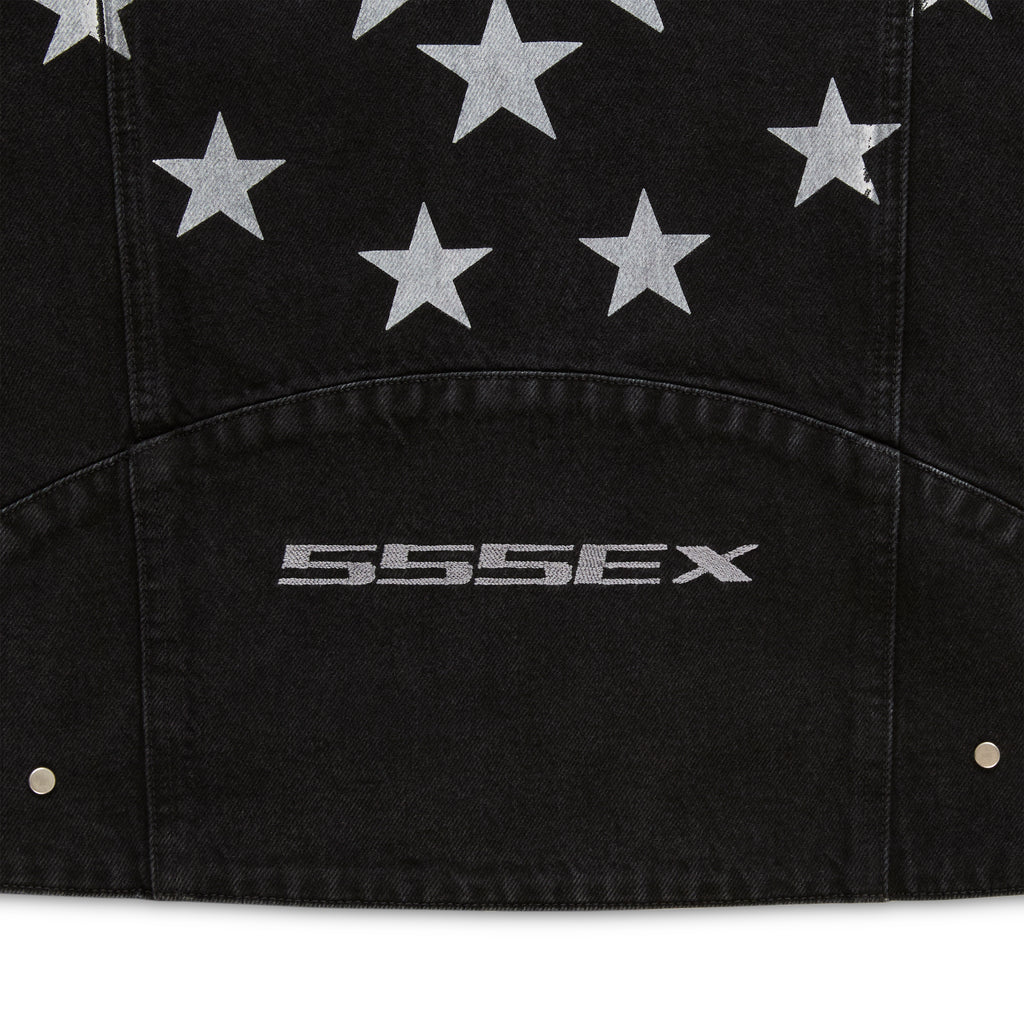 Black faded wash denim jacket with silver stars and "555SEX" embroidery.