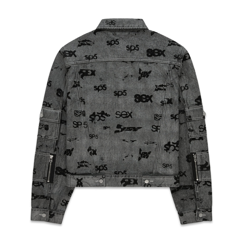 Gray denim trucker jacket with all-over black print, red contrast stitching, and arm pockets.