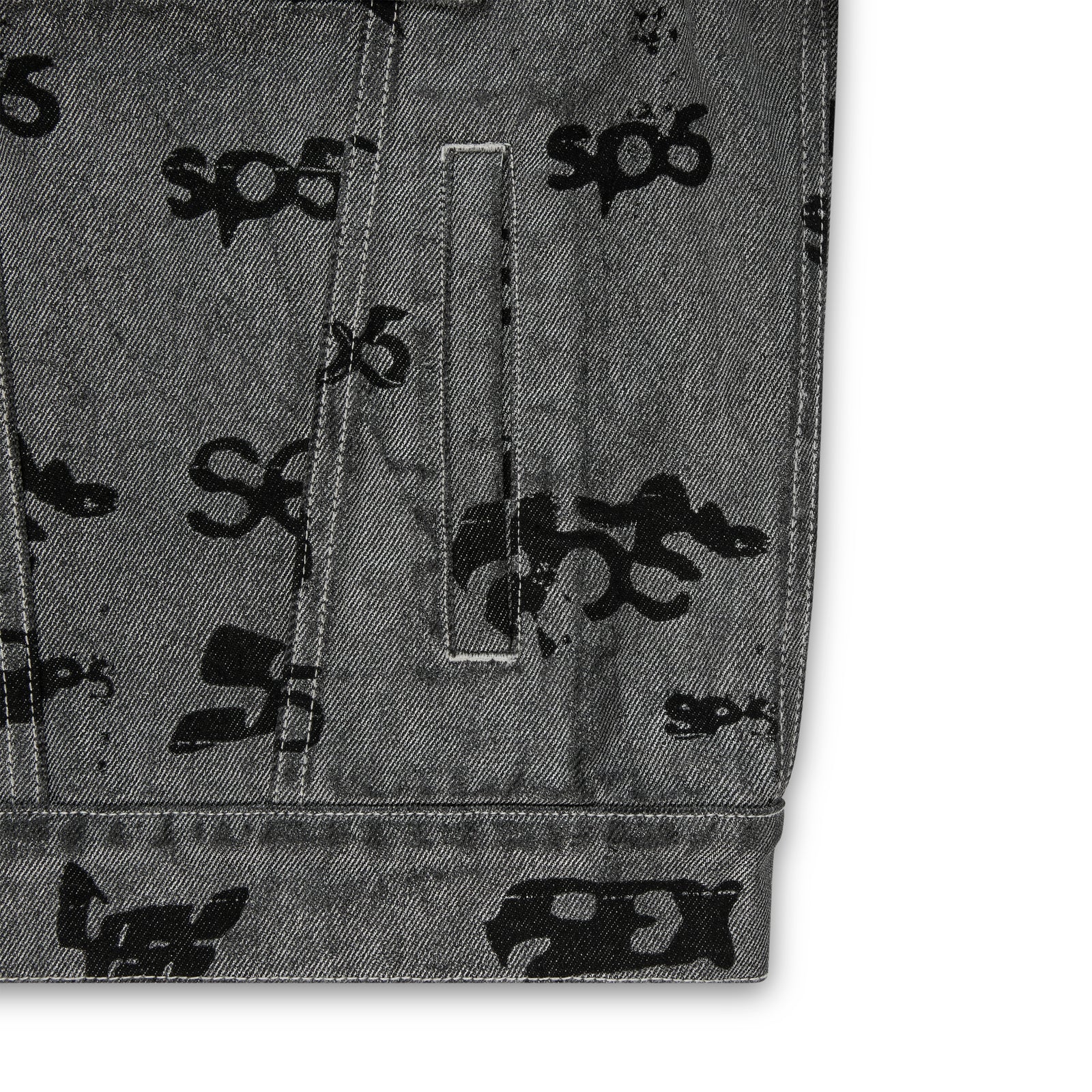 Gray denim trucker jacket with all-over black "SEX" print and red contrast stitching.