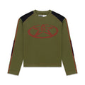 Olive green SERVICE LONGSLEEVE with red star graphic, black shoulder panels, and red contrast stitching.