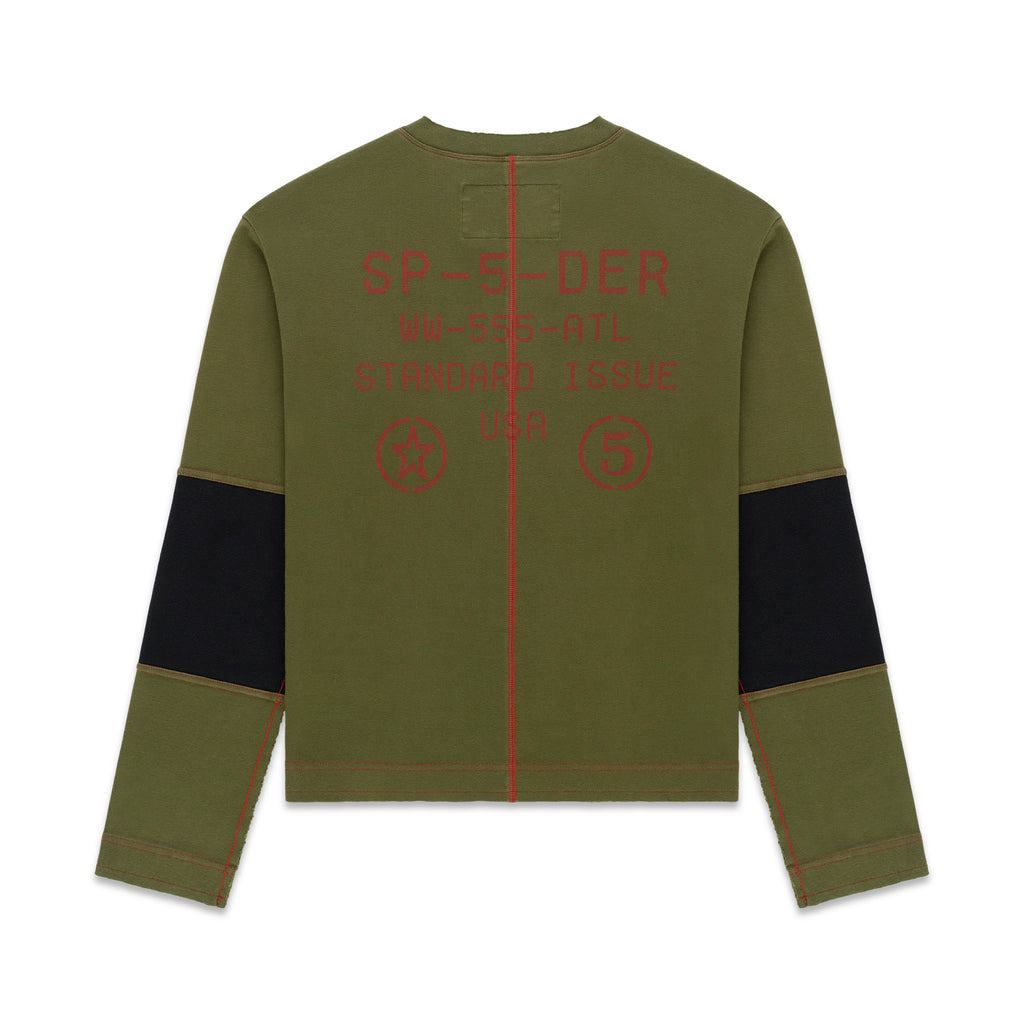 Olive green SERVICE LONGSLEEVE with red "SP-5-DER" text, black arm panels, and red stitching.