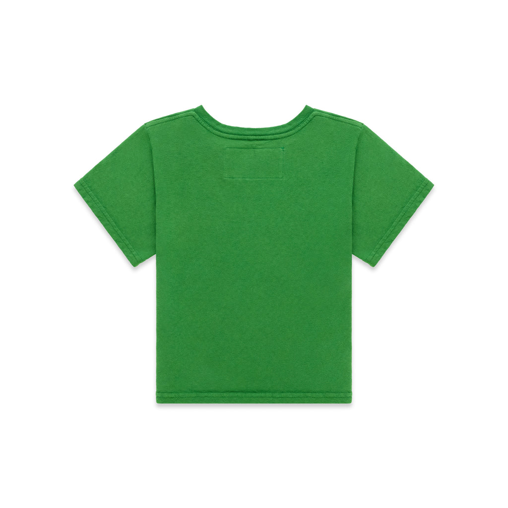 Back view of a plain green cotton/spandex cropped fitted baby tee.