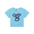 Light blue cotton/spandex cropped baby tee with "CUNTRY 5" graphic print.