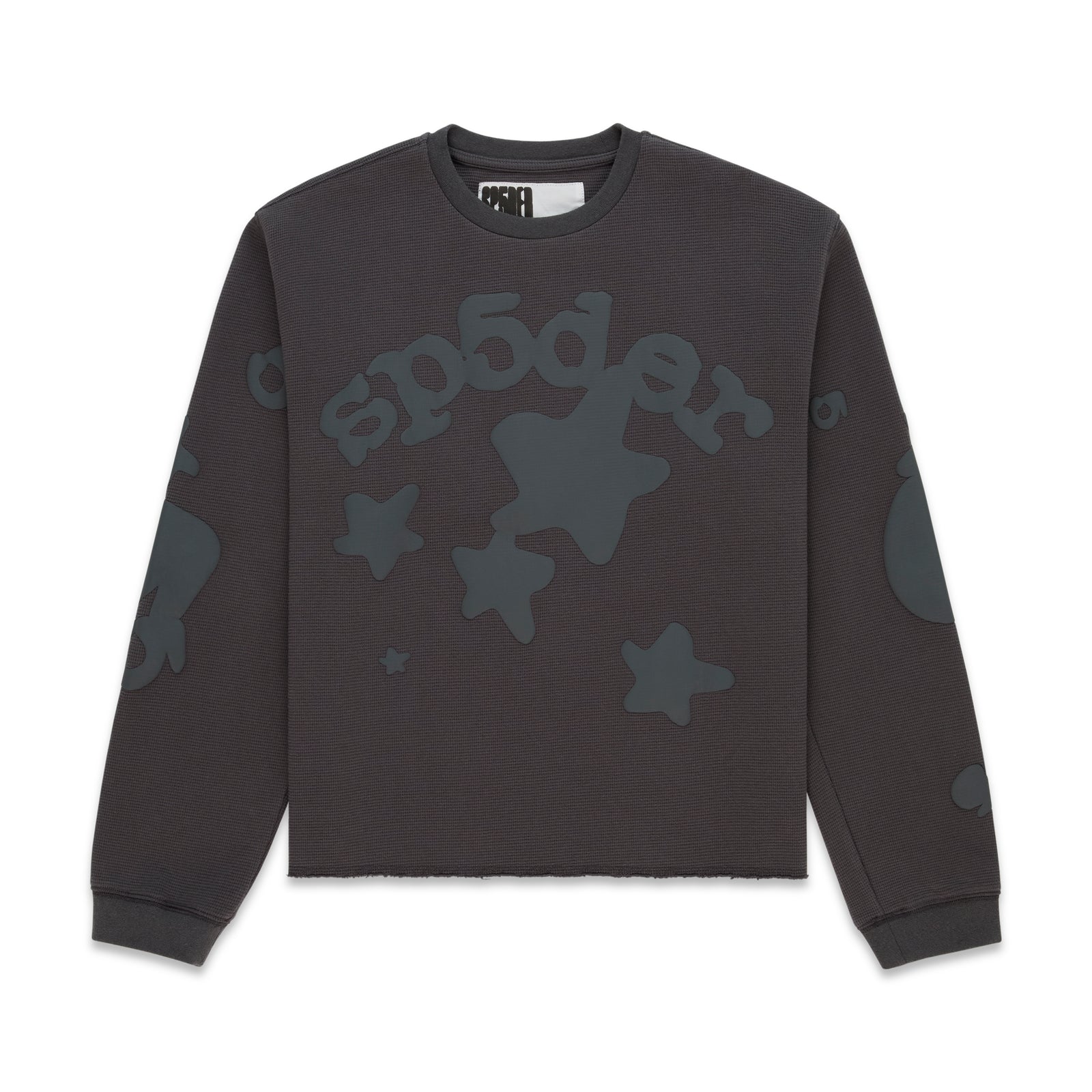 Dark grey waffle knit thermal with "sp5der" and star print, ribbed collar, hem, and cuffs.
