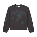 Dark grey waffle knit thermal with "sp5der" and star print, ribbed collar, hem, and cuffs.