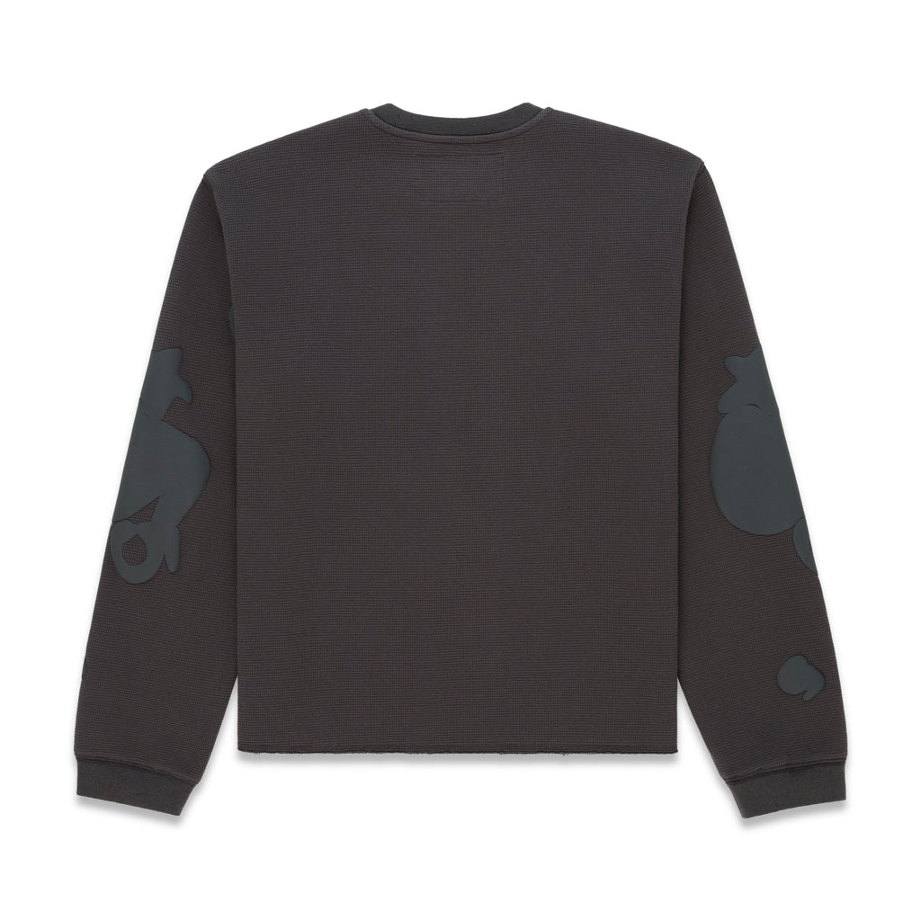 Dark grey waffle knit thermal with ribbed collar, hem, cuffs, and subtle beluga print on sleeves.