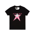 Black cotton/spandex STAR GIRL BABY TEE with pink graphic print and 'SP5DER' logo. Cropped, fitted style.