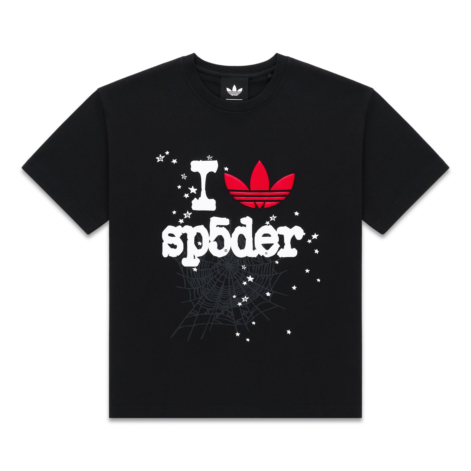 Black Adidas Souvenir Tee with red Trefoil and "I sp5der" graphic, spiderweb, and stars.