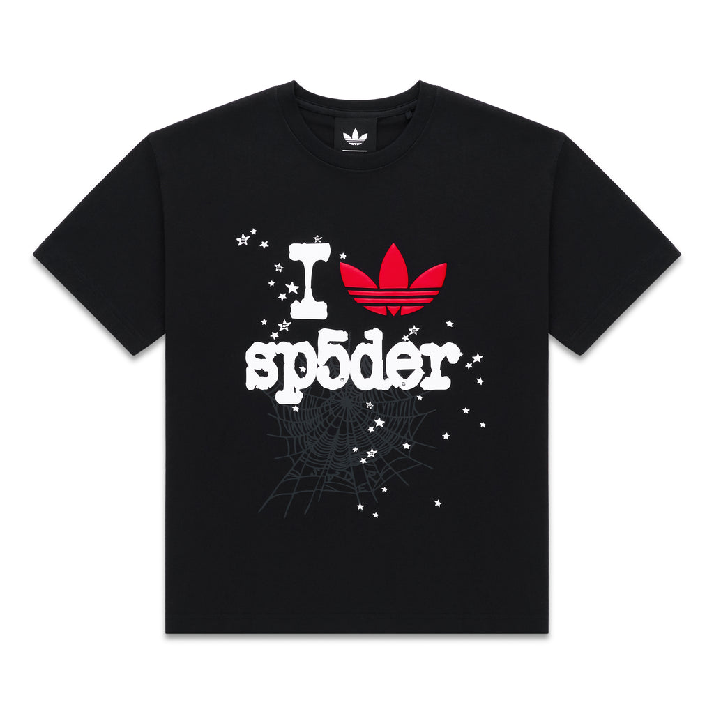Black Adidas Souvenir Tee with red Trefoil and "I sp5der" graphic, spiderweb, and stars.