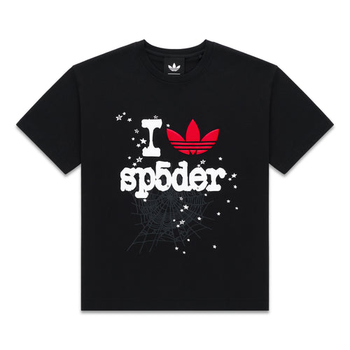 Black Adidas Souvenir Tee with red Trefoil and "I sp5der" graphic, spiderweb, and stars.