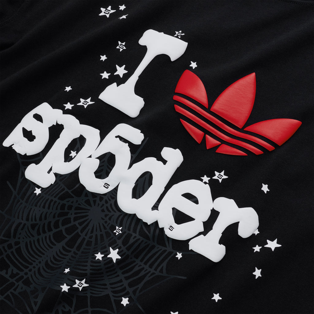 Black Adidas tee with white "I SP5DER" text, red Trefoil logo, spiderweb, and stars.