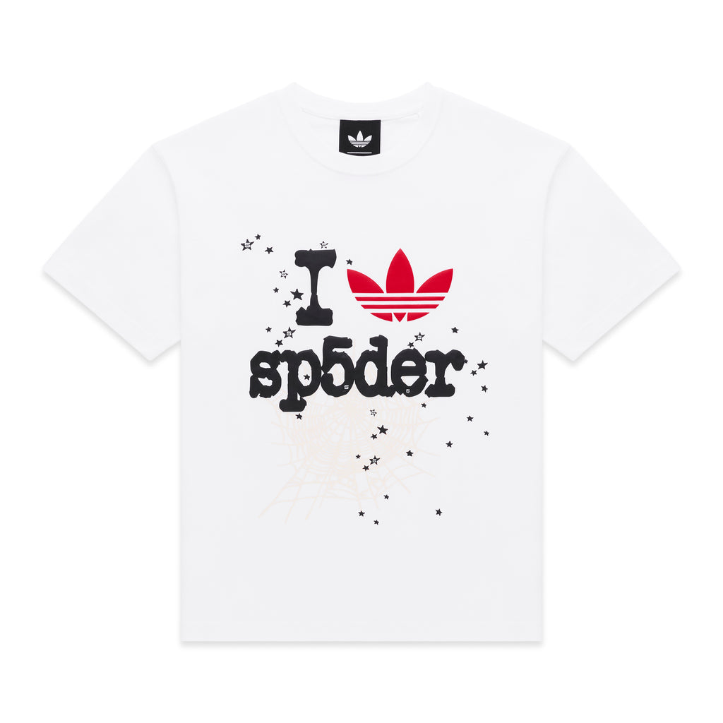 White Adidas Souvenir Tee with "I heart SP5DER" graphic, red Trefoil logo, black stars, and subtle spiderweb.