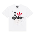 White Adidas Souvenir Tee with "I heart SP5DER" graphic, red Trefoil logo, black stars, and subtle spiderweb.