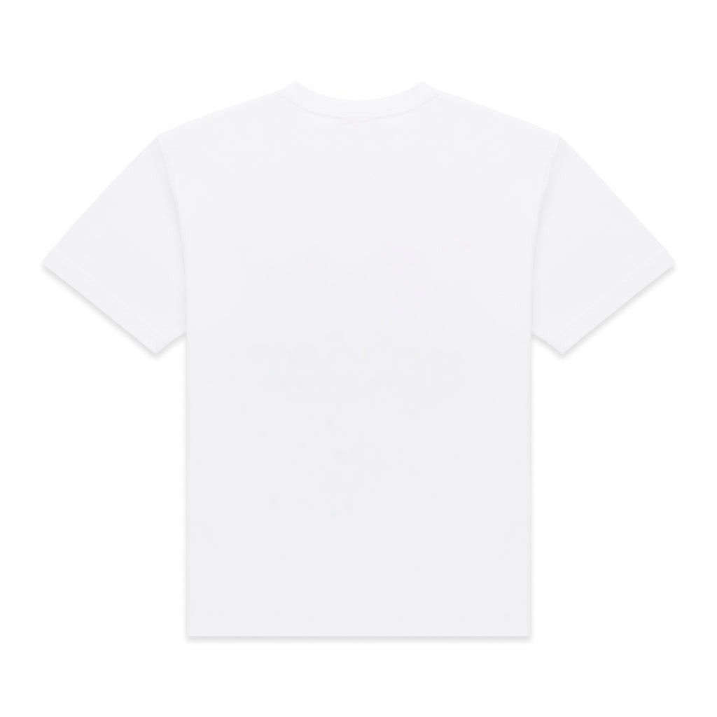 Back view of a plain white 100% cotton Adidas souvenir tee with short sleeves.