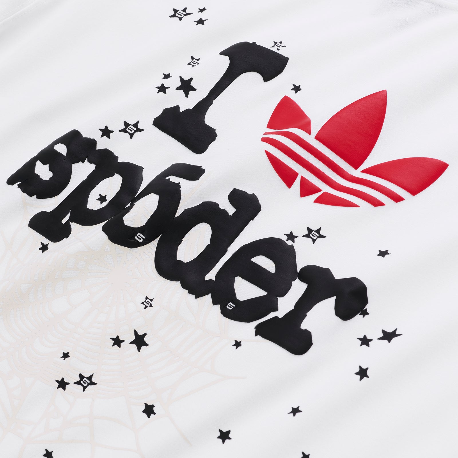 White Adidas Souvenir Tee with black "I SP5DER" graphic, red Trefoil logo, and subtle spiderweb design.