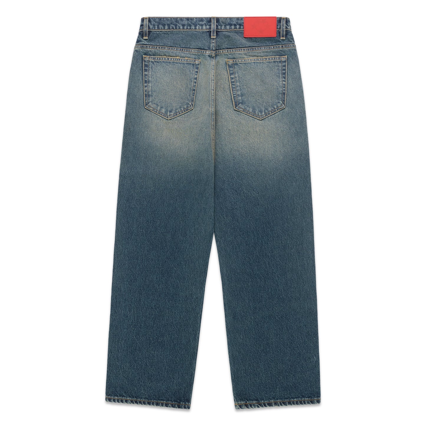 Blue denim BIG PRINT JEANS with a faded wash, straight leg, and red back patch.