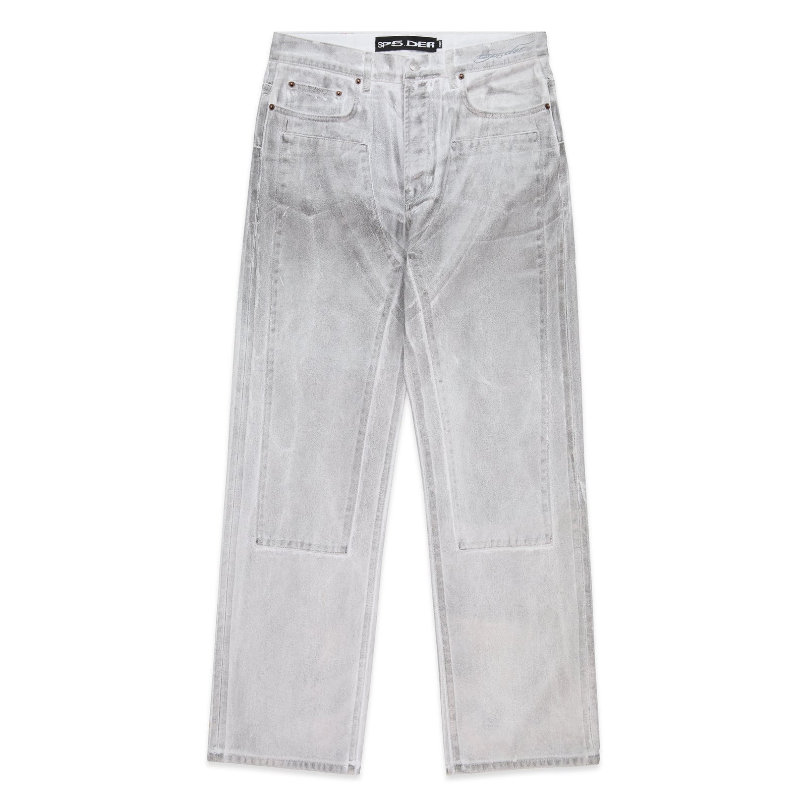 Platinum denim wide-leg pant with spray effect, front panels, five pockets, and belt loops.