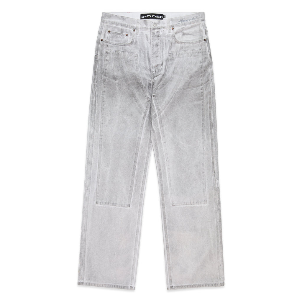Platinum denim wide-leg pant with spray effect, front panels, five pockets, and belt loops.