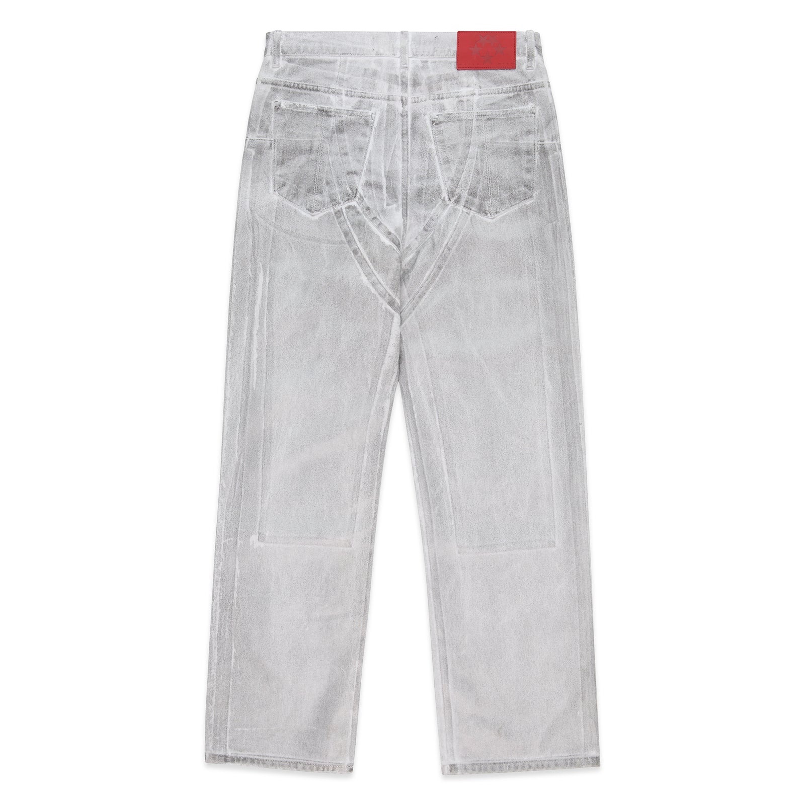 Platinum spray-effect wide leg denim pant with panels and red branded leather back patch.