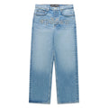 Distressed light wash denim jeans with frayed "SP5DER" logo embroidery across the crotch.