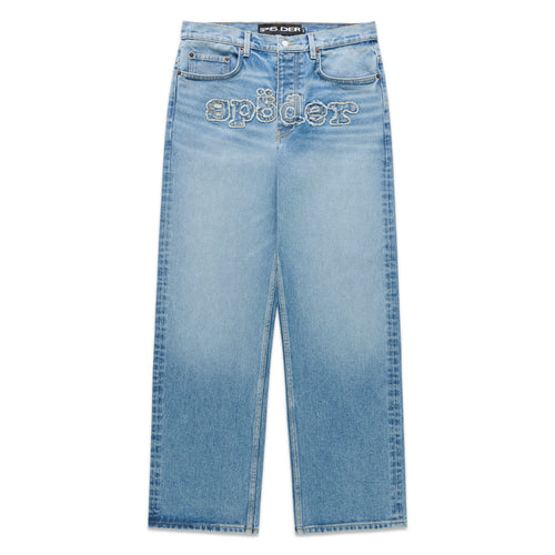 Distressed light wash denim jeans with frayed "SP5DER" logo embroidery across the crotch.