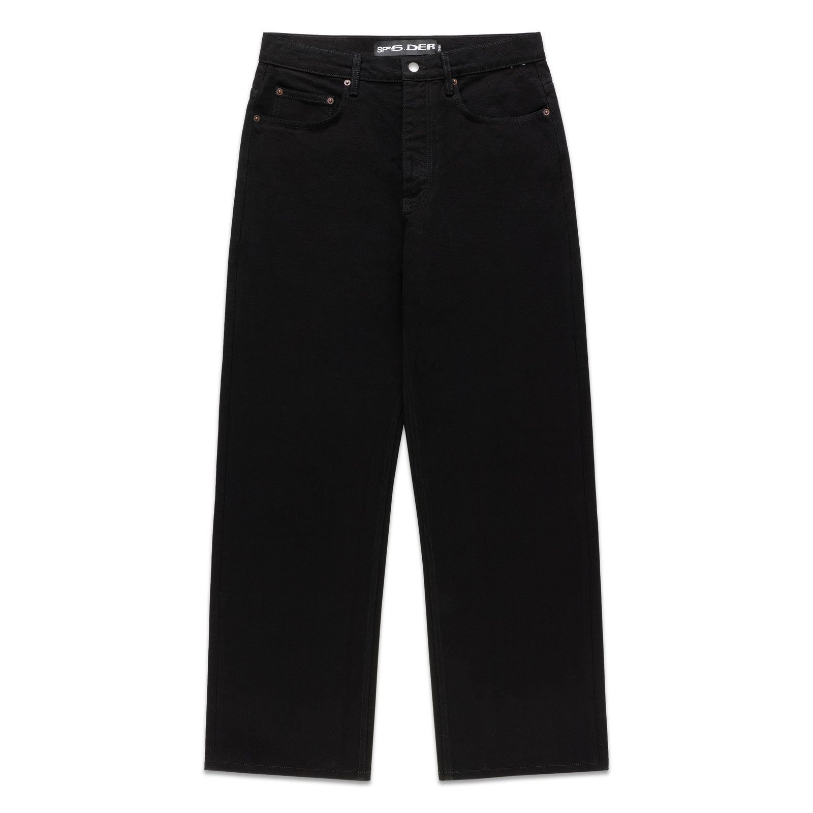 Black 13oz denim OXY JEAN with embroidered text, custom hardware, and straight leg fit.