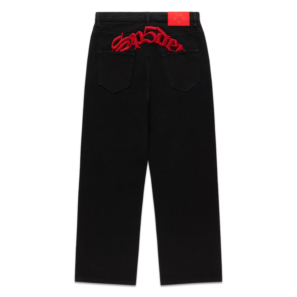 Black 13oz denim OXY JEAN with red embroidered text above back pockets and branded leather patch.