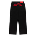Black 13oz denim OXY JEAN with red embroidered text above back pockets and branded leather patch.