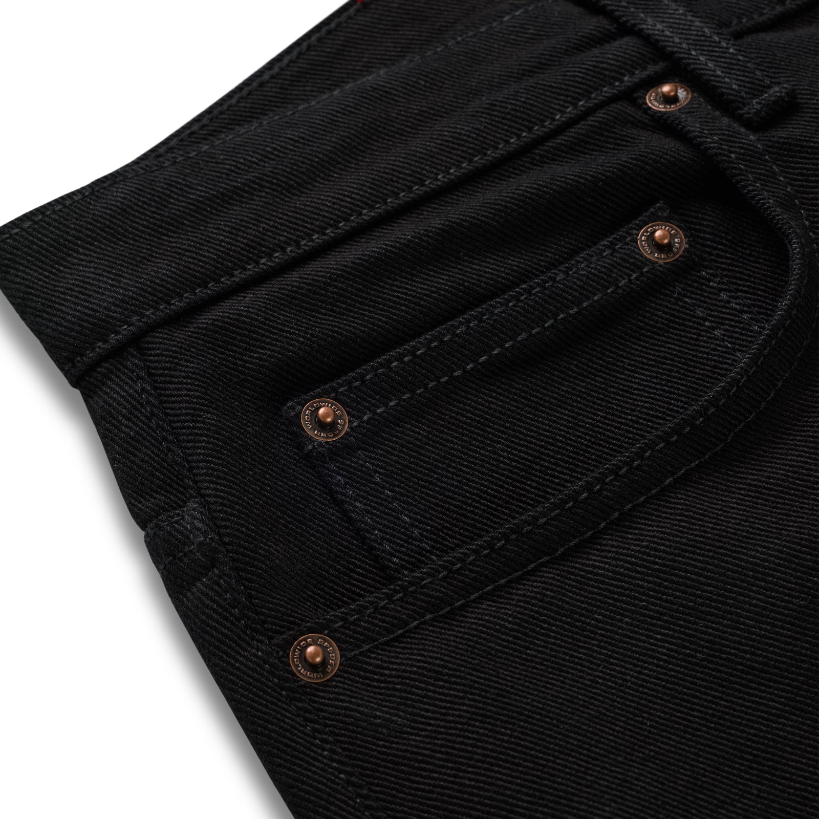 Black 13oz denim jeans with branded copper hardware and shank buttons.