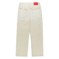 OXY JEAN 13oz cream denim pants with embroidered text above back pockets and red leather patch.