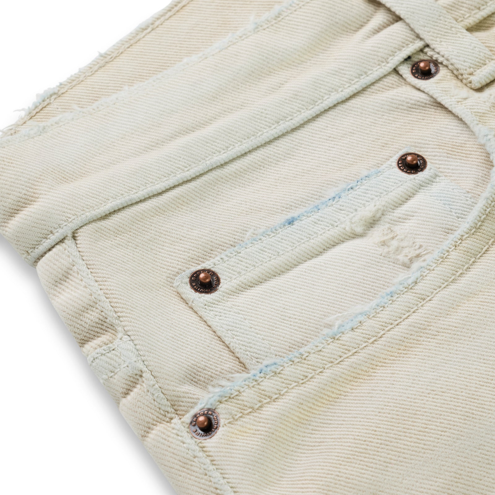 OXY JEAN 13oz light denim pant with custom branded hardware and distressed pockets.