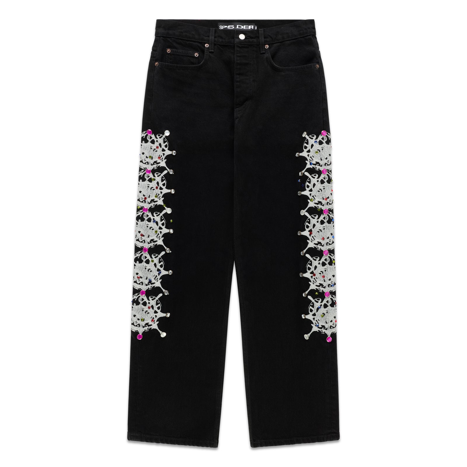 Black 13oz denim pants with vintage wash, white web print, and colorful rhinestone embellishments down both legs.