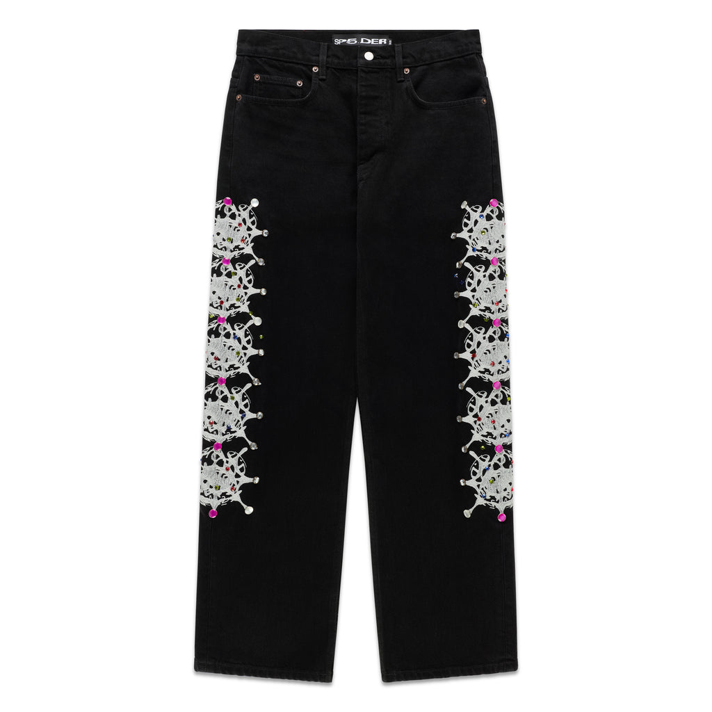 Black 13oz denim pants with vintage wash, white web print, and colorful rhinestone embellishments down both legs.