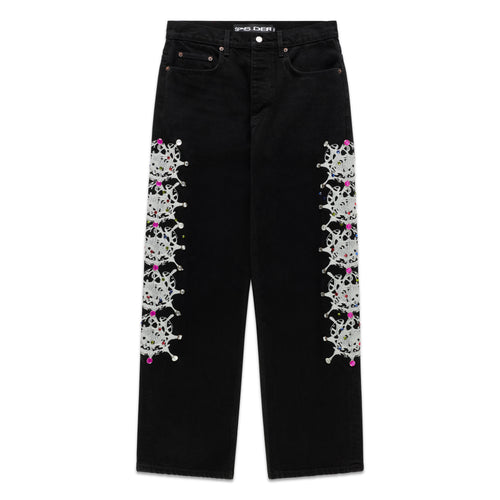 Black 13oz denim pants with vintage wash, white web print, and colorful rhinestone embellishments down both legs.