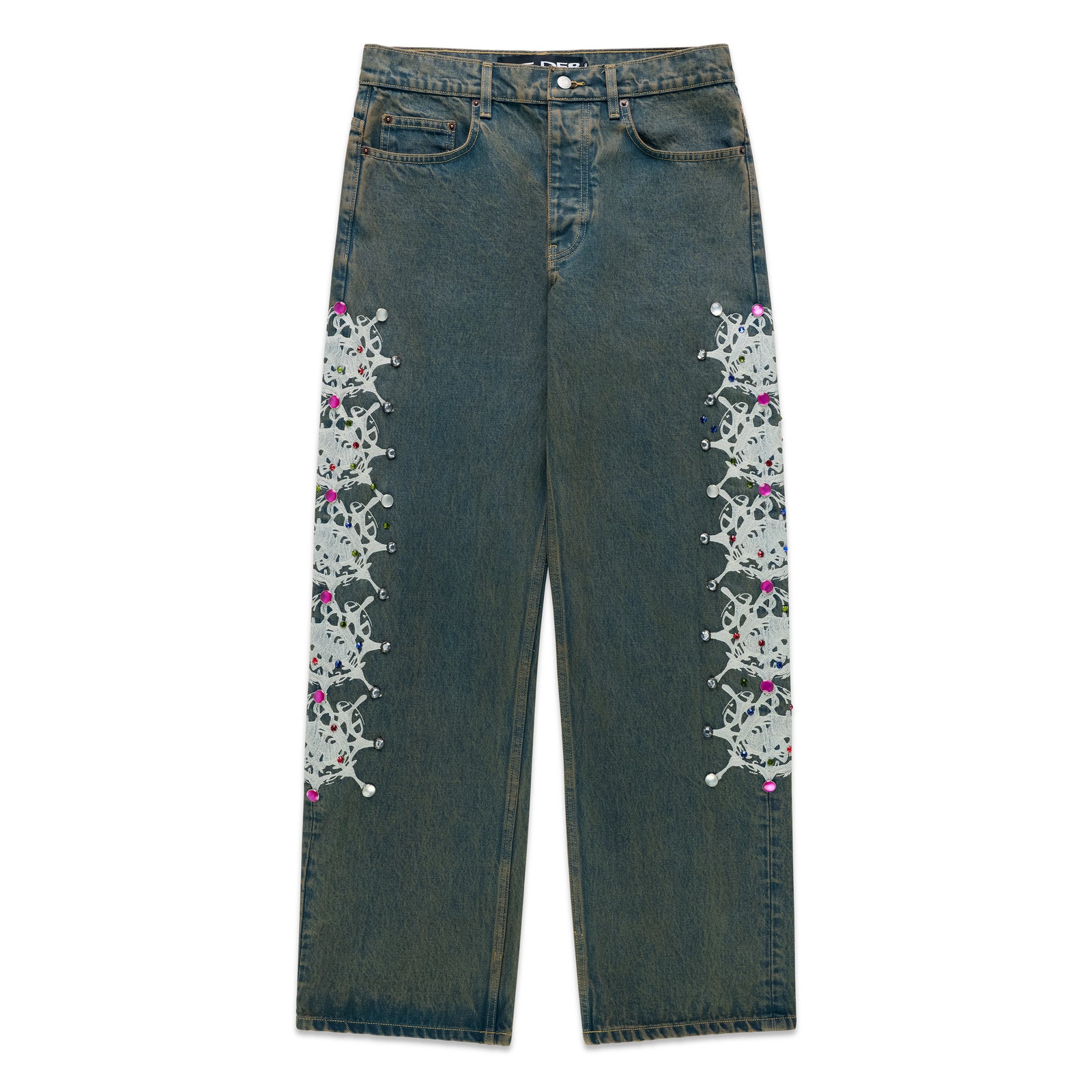 WEBSTONE DENIM 13oz vintage wash straight leg jeans with white web print and colorful rhinestone embellishments.