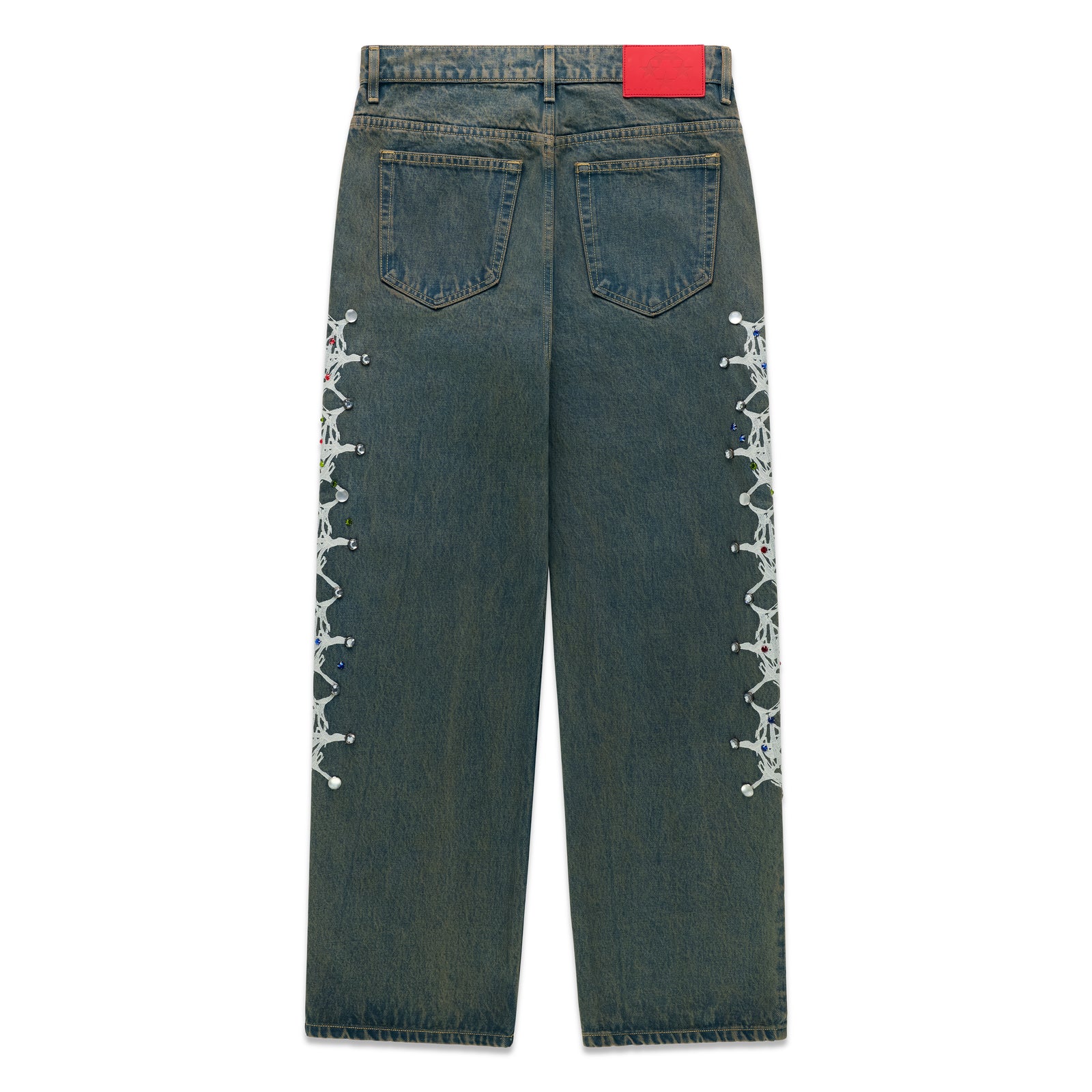 WEBSTONE DENIM vintage wash straight leg jeans with white web print and colorful rhinestones down both legs.