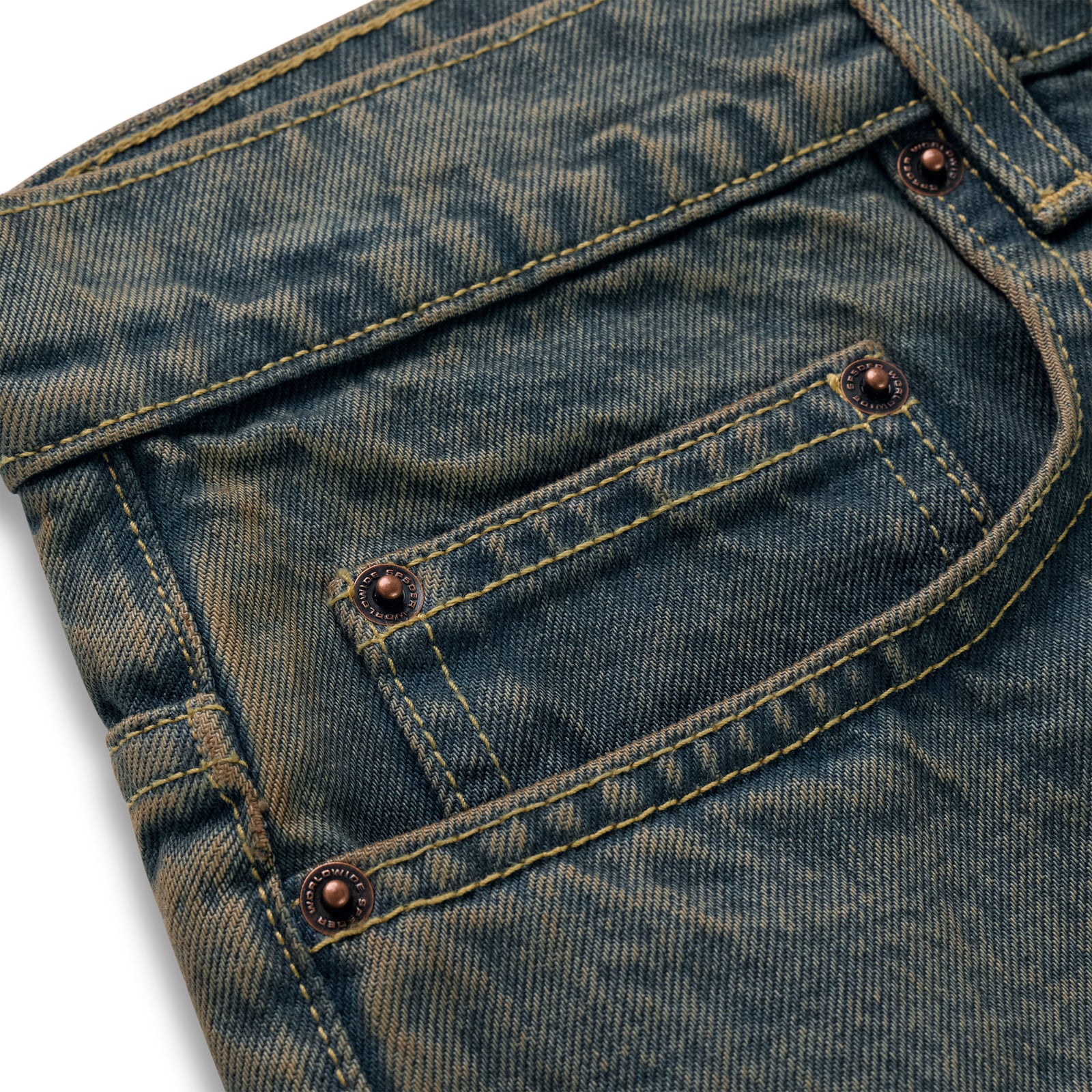 Vintage wash 13oz denim jeans with custom branded hardware and shank buttons.