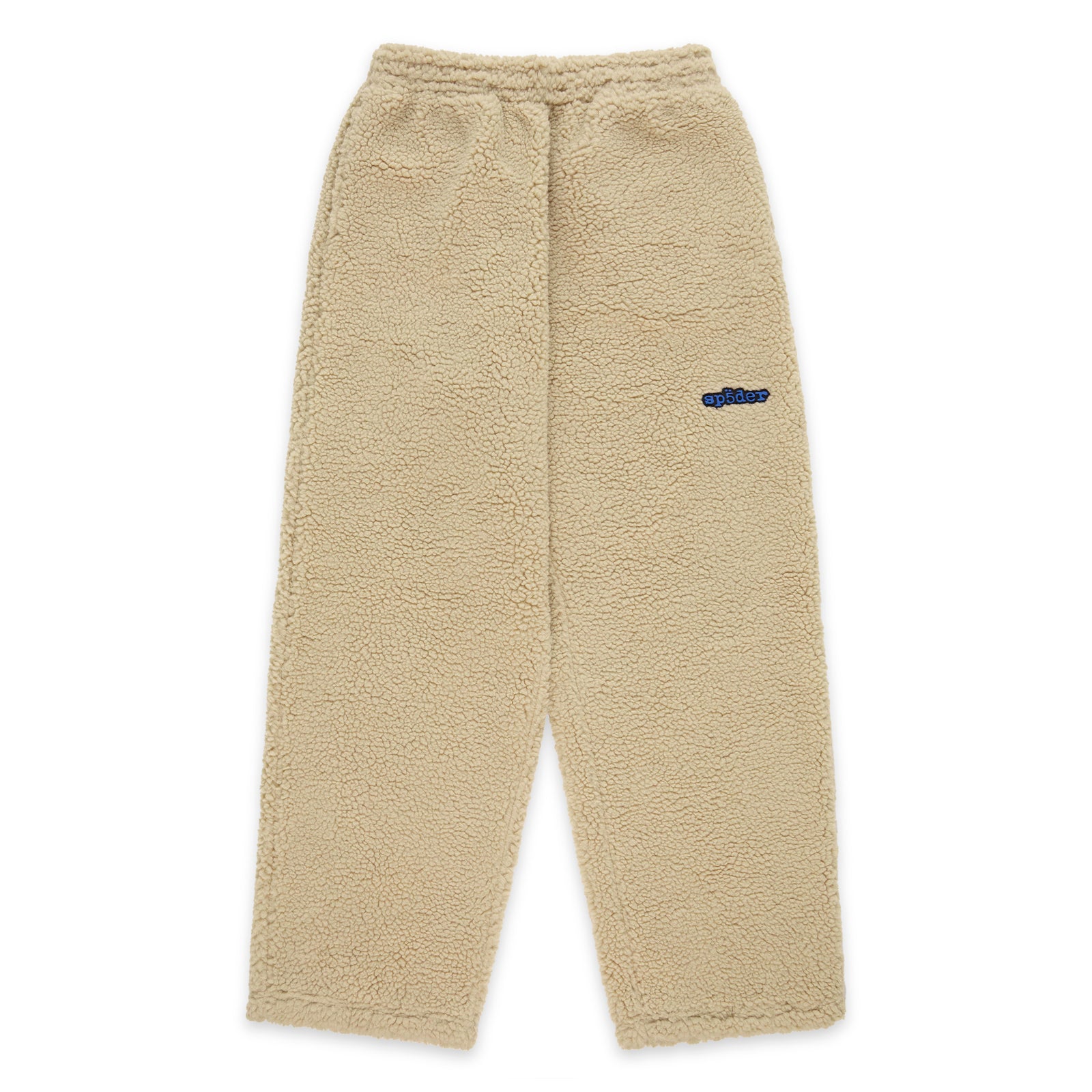 Beige teddy fleece pant with elasticized drawstring waistband and blue rubberized logo patch.
