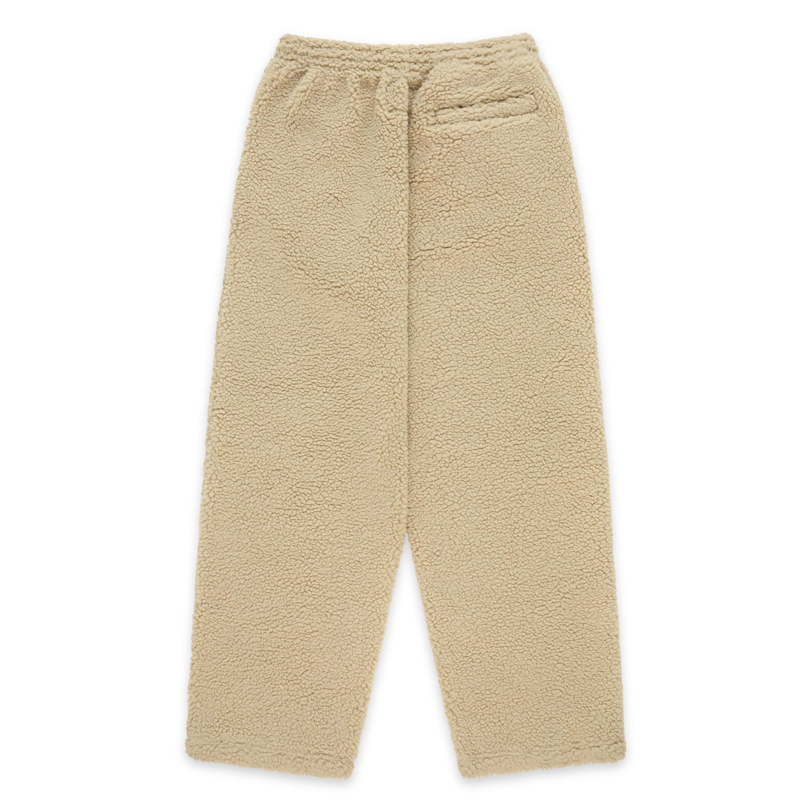 Beige sherpa fleece pant with elasticized drawstring waistband and back pocket.